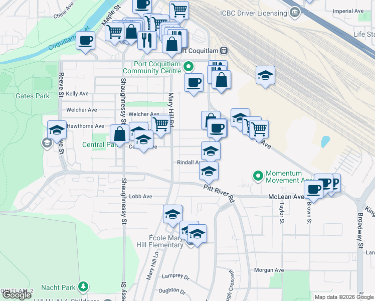 map of restaurants, bars, coffee shops, grocery stores, and more near 2168 Central Avenue in Port Coquitlam