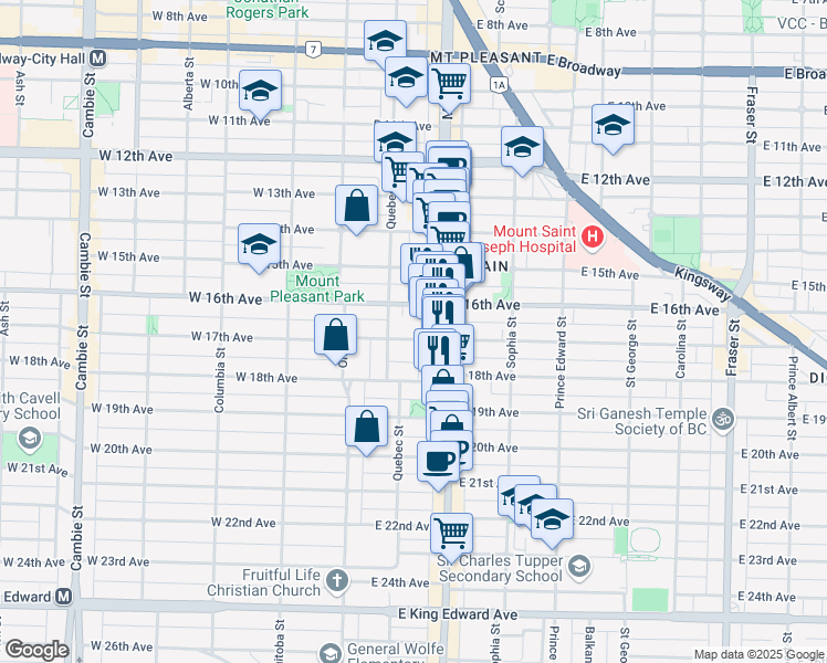 map of restaurants, bars, coffee shops, grocery stores, and more near 181 East 17th Avenue in Vancouver