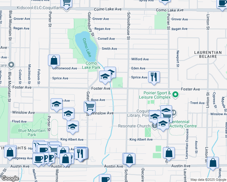 map of restaurants, bars, coffee shops, grocery stores, and more near 1414 Foster Avenue in Coquitlam