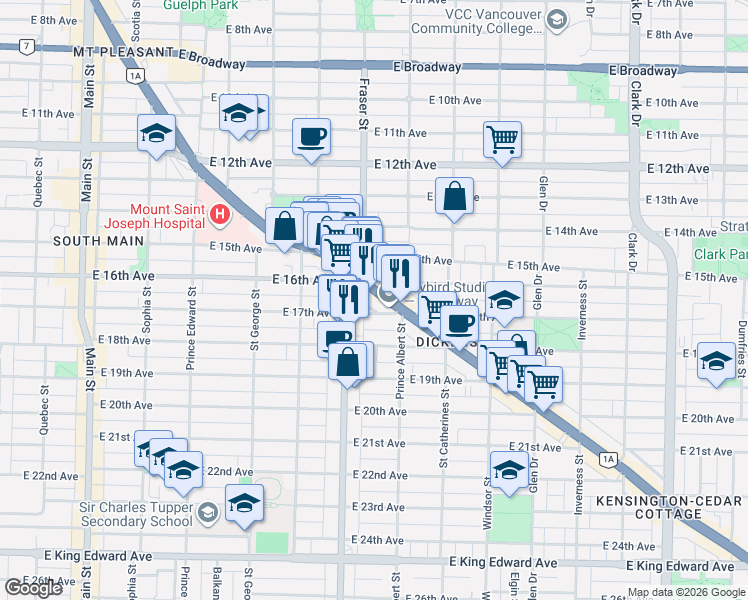 map of restaurants, bars, coffee shops, grocery stores, and more near 760 Kingsway in Vancouver