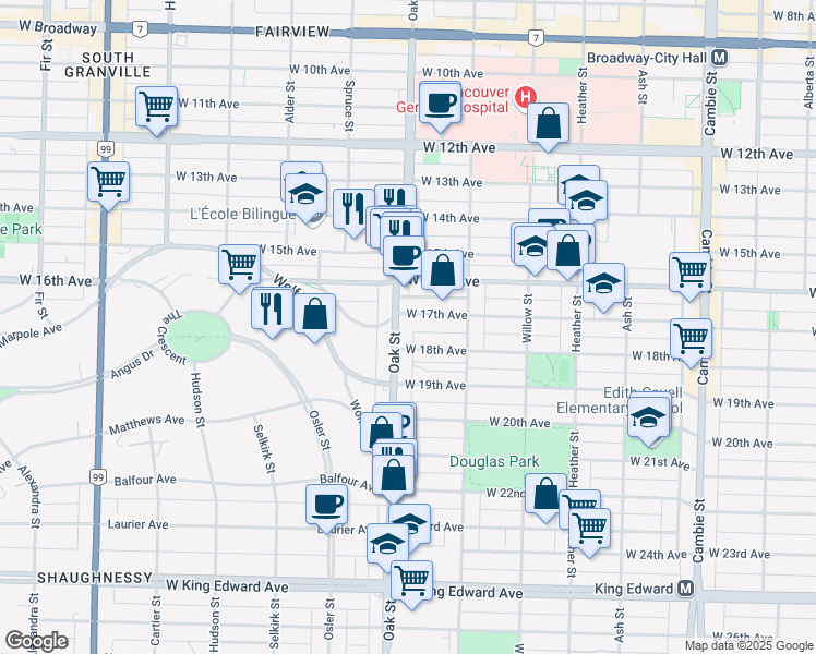 map of restaurants, bars, coffee shops, grocery stores, and more near in Vancouver