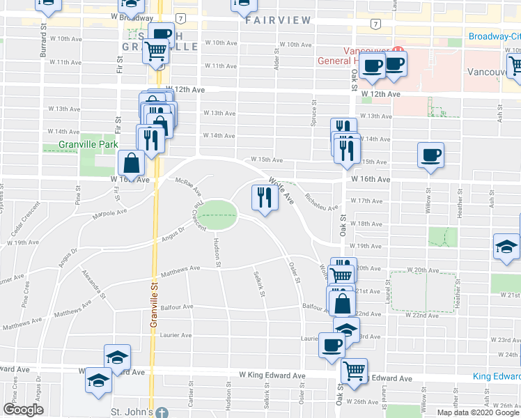 map of restaurants, bars, coffee shops, grocery stores, and more near in Vancouver