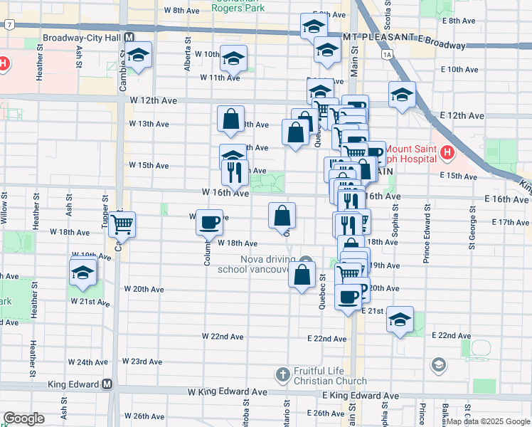 map of restaurants, bars, coffee shops, grocery stores, and more near 57 West 17th Avenue in Vancouver