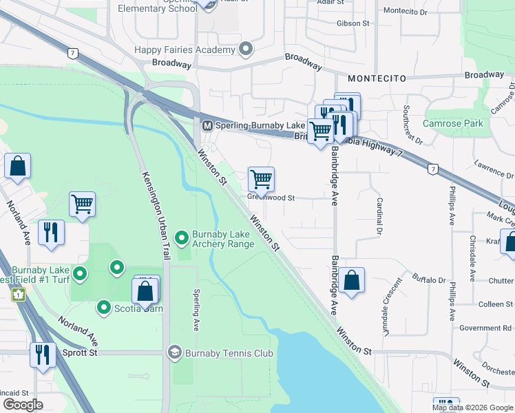 map of restaurants, bars, coffee shops, grocery stores, and more near 6915 Winston Street in Burnaby