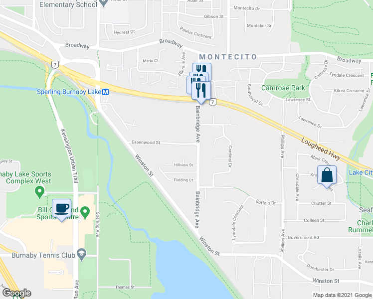 map of restaurants, bars, coffee shops, grocery stores, and more near 7070 Greenwood Street in Burnaby