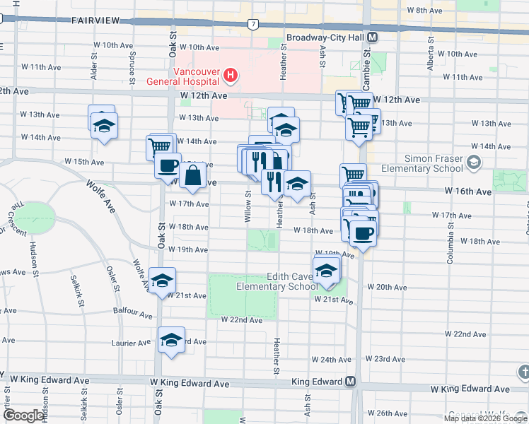 map of restaurants, bars, coffee shops, grocery stores, and more near 728 West 17th Avenue in Vancouver