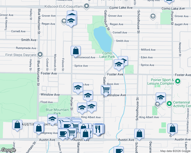 map of restaurants, bars, coffee shops, grocery stores, and more near 1206 Foster Avenue in Coquitlam