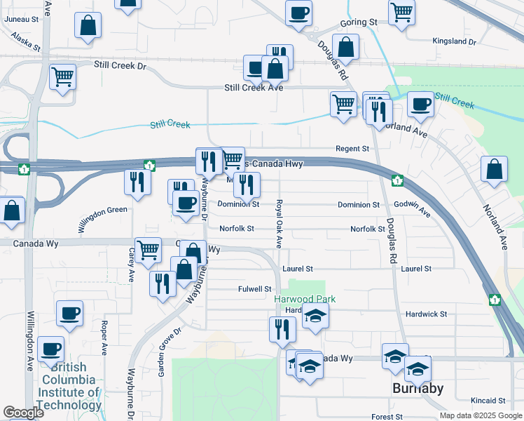 map of restaurants, bars, coffee shops, grocery stores, and more near 5136 Dominion Street in Burnaby