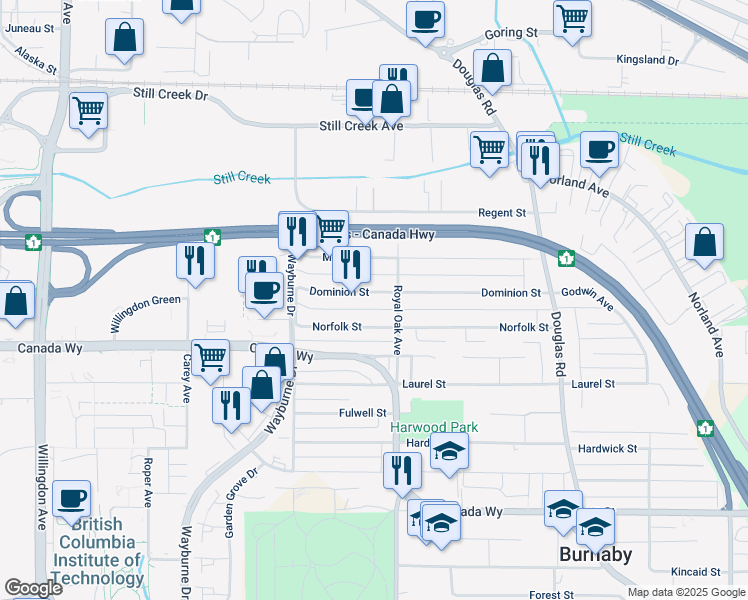 map of restaurants, bars, coffee shops, grocery stores, and more near 5138 Dominion Street in Burnaby