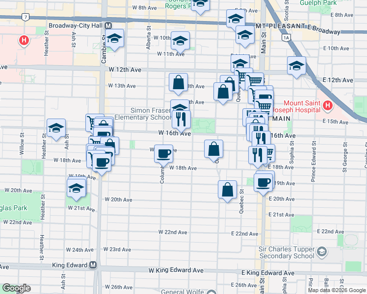 map of restaurants, bars, coffee shops, grocery stores, and more near 127 West 17th Avenue in Vancouver