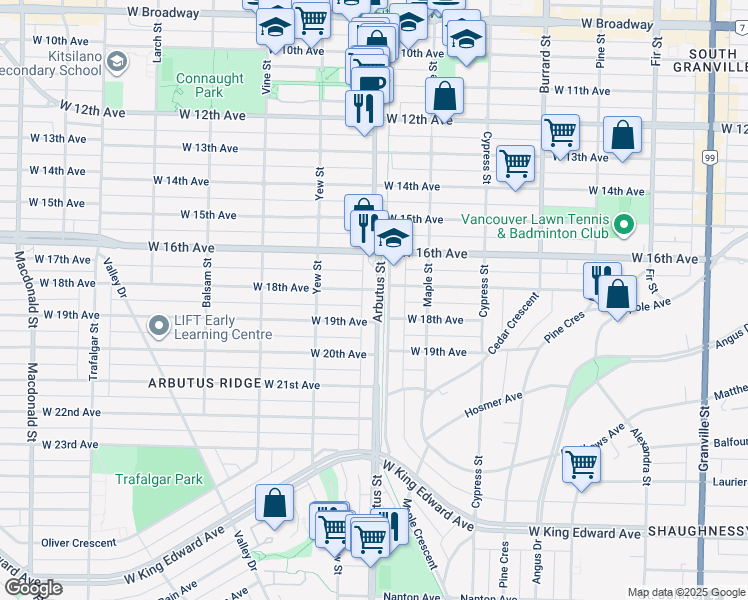 map of restaurants, bars, coffee shops, grocery stores, and more near 3423 Arbutus Street in Vancouver