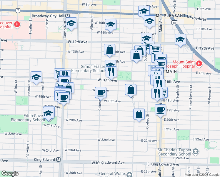 map of restaurants, bars, coffee shops, grocery stores, and more near 143 West 17th Avenue in Vancouver