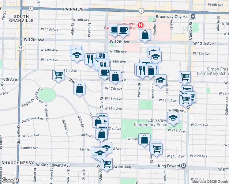 map of restaurants, bars, coffee shops, grocery stores, and more near 936 West 17th Avenue in Vancouver