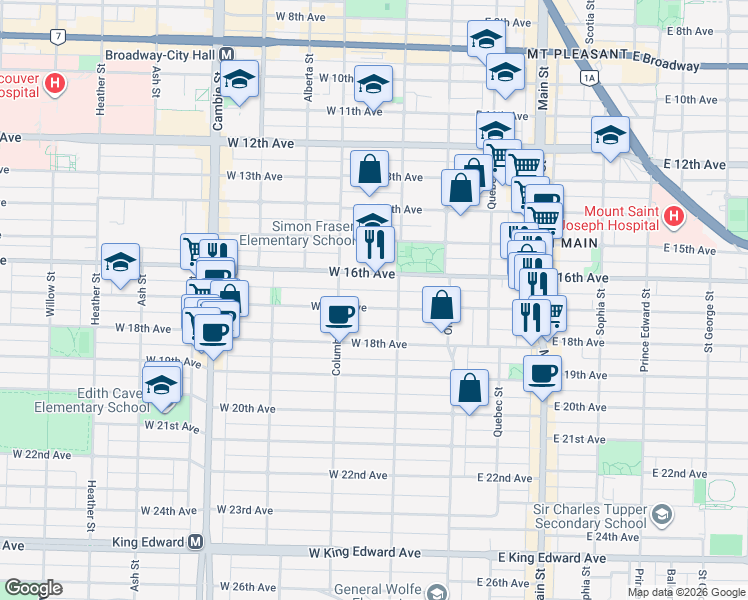 map of restaurants, bars, coffee shops, grocery stores, and more near 137 West 17th Avenue in Vancouver