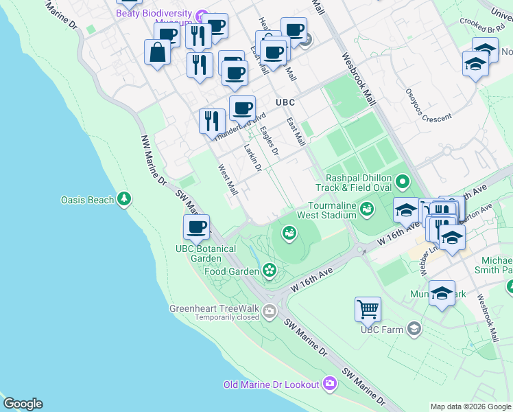 map of restaurants, bars, coffee shops, grocery stores, and more near 2688 West Mall in University Endowment Lands