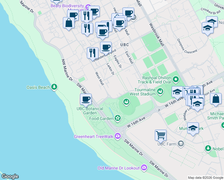 map of restaurants, bars, coffee shops, grocery stores, and more near 2688 West Mall in University Endowment Lands