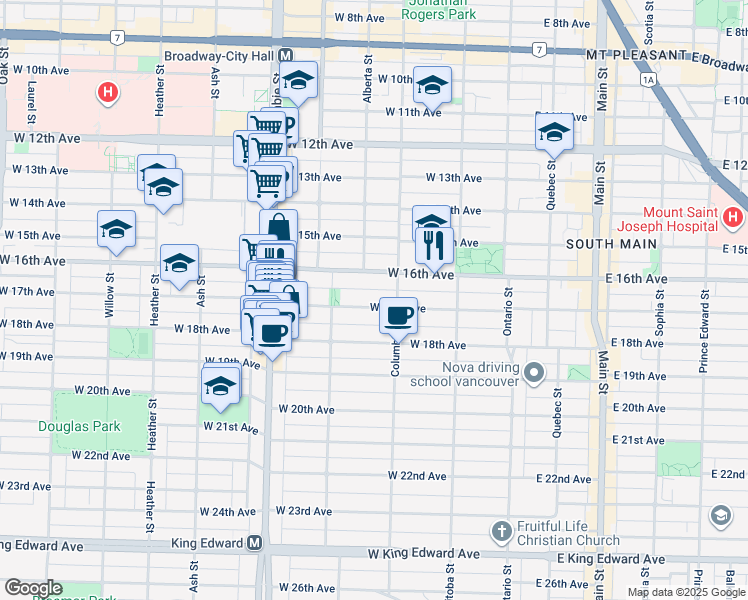 map of restaurants, bars, coffee shops, grocery stores, and more near 275 West 17th Avenue in Vancouver