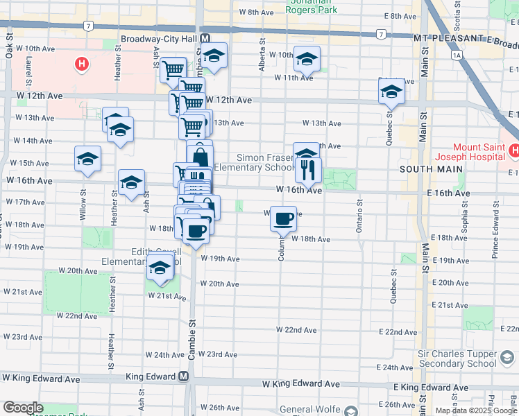 map of restaurants, bars, coffee shops, grocery stores, and more near 303 West 17th Avenue in Vancouver