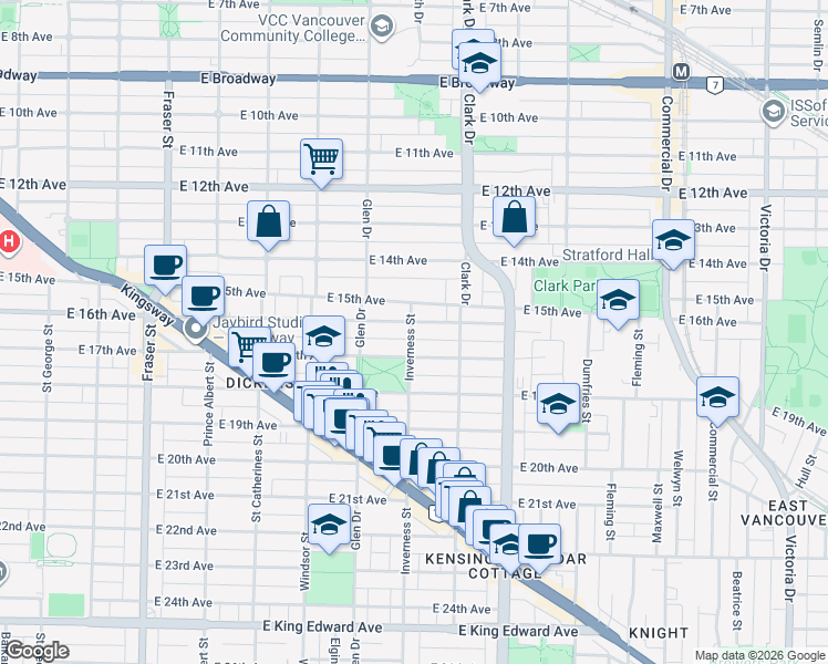 map of restaurants, bars, coffee shops, grocery stores, and more near in Vancouver