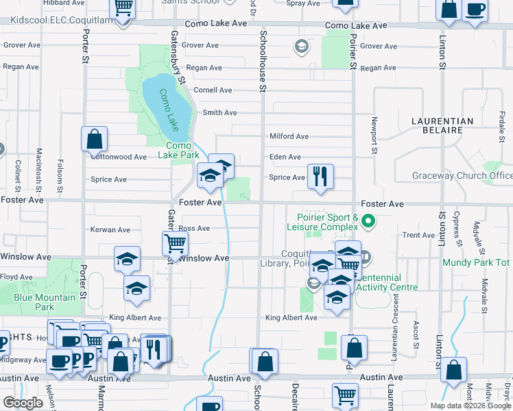 map of restaurants, bars, coffee shops, grocery stores, and more near 636 Schoolhouse Street in Coquitlam