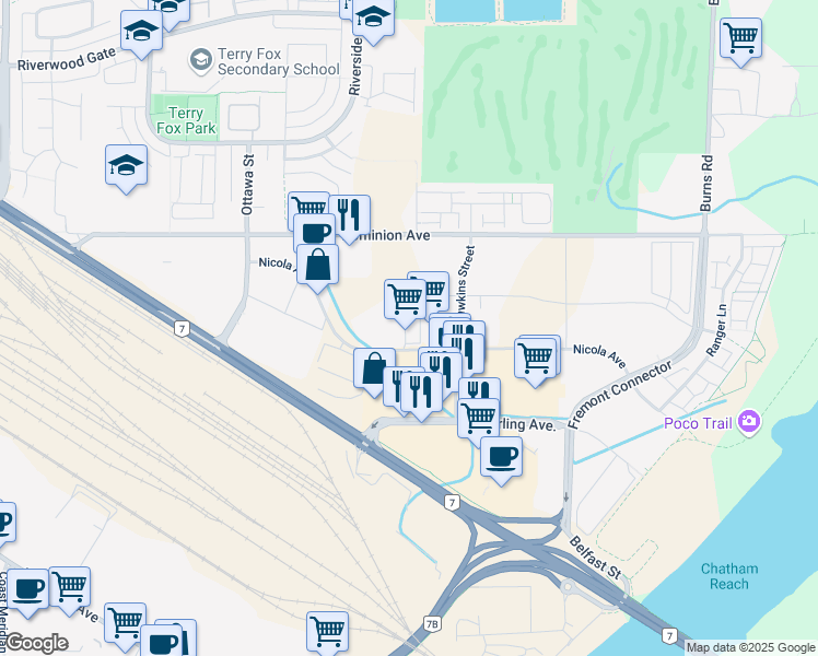 map of restaurants, bars, coffee shops, grocery stores, and more near 985 Nicola Ave in Port Coquitlam
