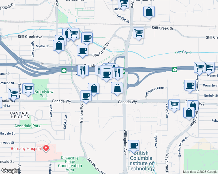 map of restaurants, bars, coffee shops, grocery stores, and more near 4406 Norfolk Street in Burnaby