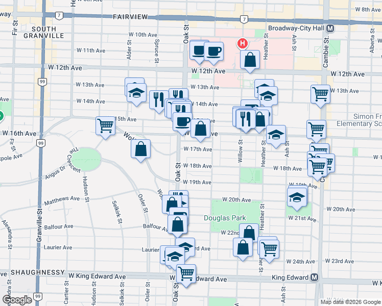 map of restaurants, bars, coffee shops, grocery stores, and more near 950 West 17th Avenue in Vancouver