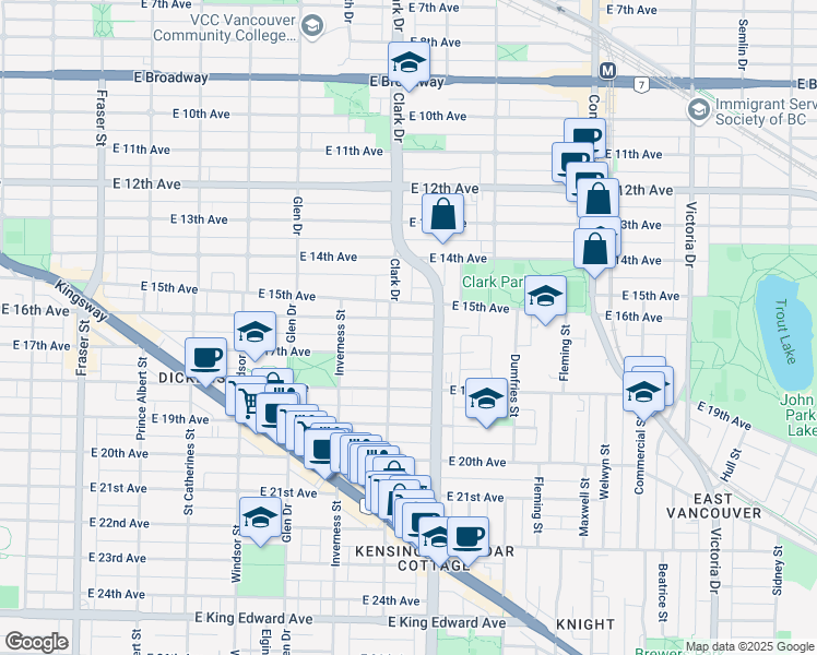 map of restaurants, bars, coffee shops, grocery stores, and more near 1336 East 16th Avenue in Vancouver
