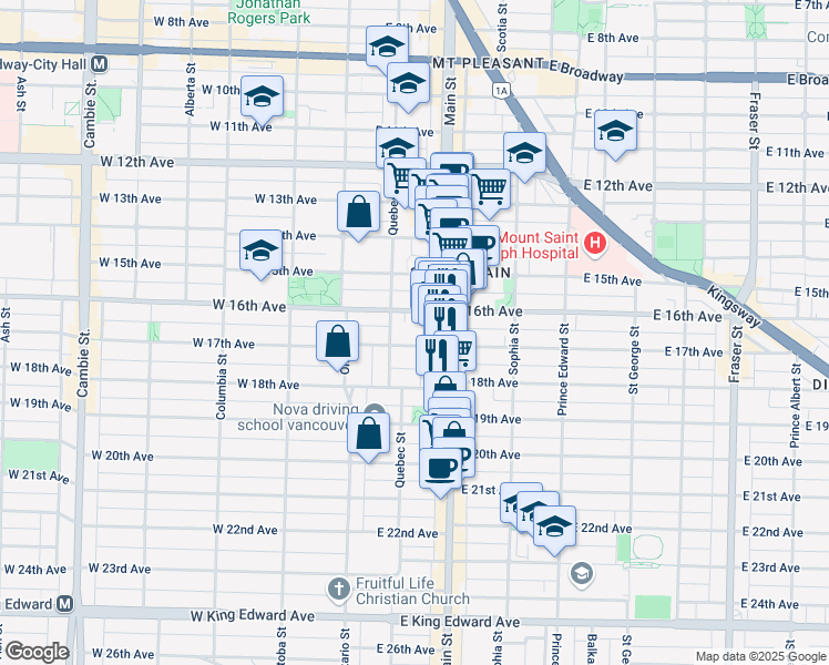map of restaurants, bars, coffee shops, grocery stores, and more near 181 East 17th Avenue in Vancouver