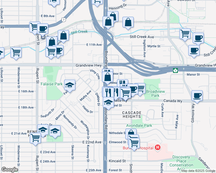 map of restaurants, bars, coffee shops, grocery stores, and more near in Vancouver