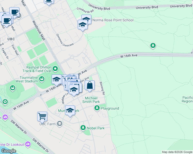map of restaurants, bars, coffee shops, grocery stores, and more near 5608 Berton Avenue in Vancouver