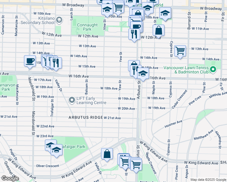 map of restaurants, bars, coffee shops, grocery stores, and more near 2236 West 18th Avenue in Vancouver