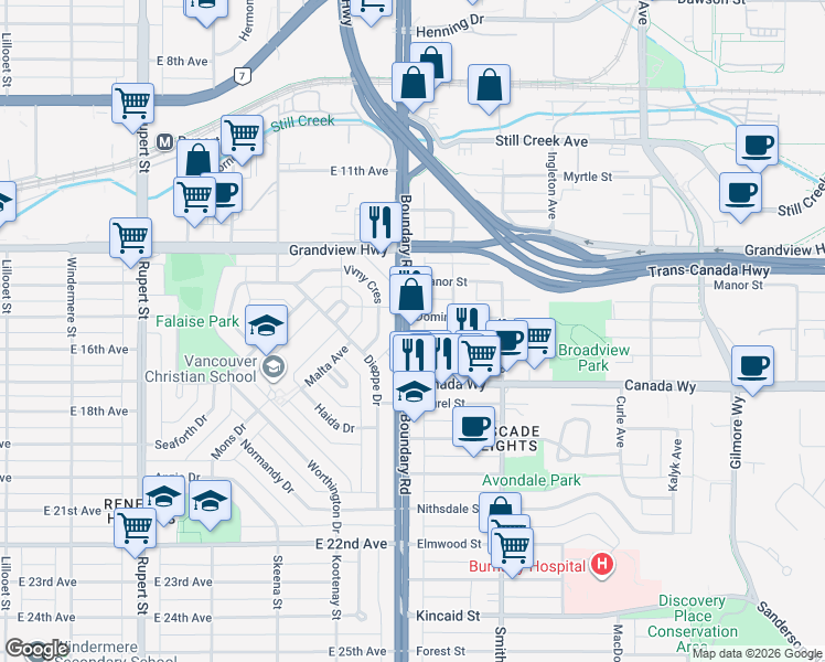 map of restaurants, bars, coffee shops, grocery stores, and more near in Vancouver