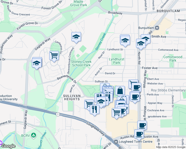 map of restaurants, bars, coffee shops, grocery stores, and more near 3125 Astor Drive in Burnaby