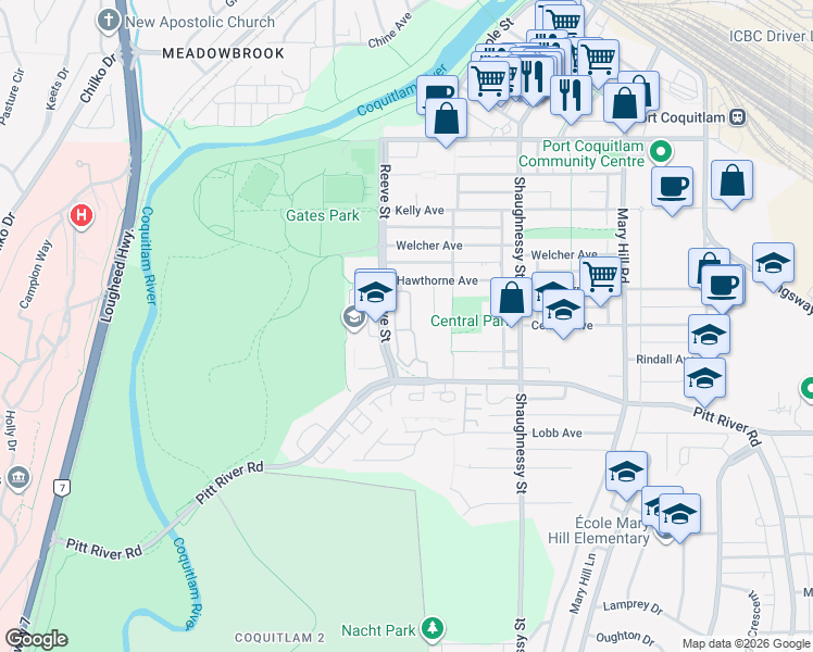 map of restaurants, bars, coffee shops, grocery stores, and more near 2450 Hawthorne Avenue in Port Coquitlam