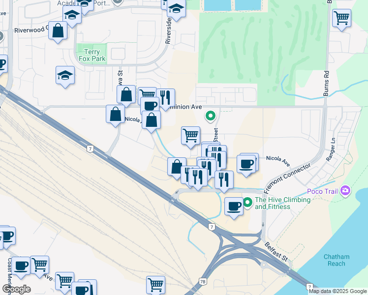 map of restaurants, bars, coffee shops, grocery stores, and more near 985 Nicola Ave in Port Coquitlam