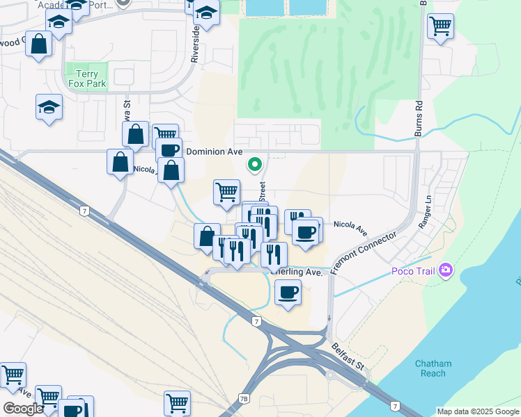 map of restaurants, bars, coffee shops, grocery stores, and more near Hawkins Street in Port Coquitlam