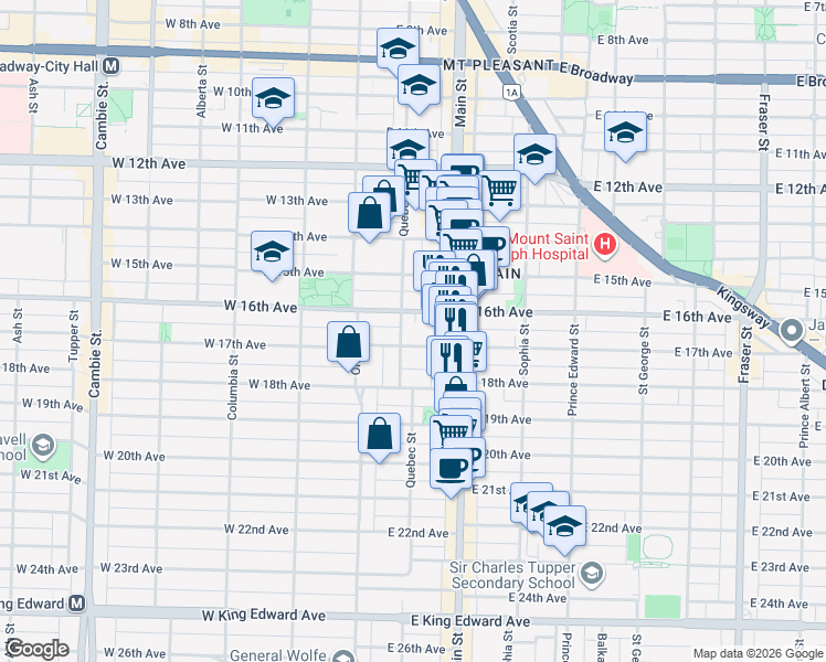 map of restaurants, bars, coffee shops, grocery stores, and more near in Vancouver
