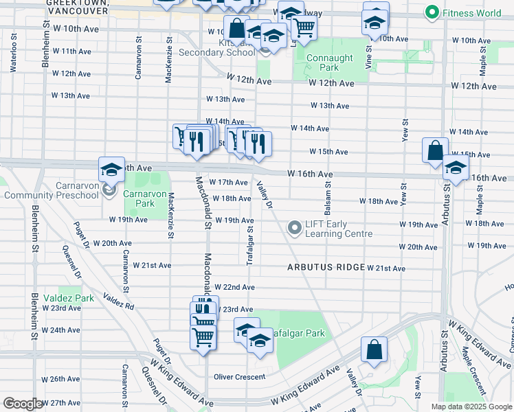 map of restaurants, bars, coffee shops, grocery stores, and more near in Vancouver