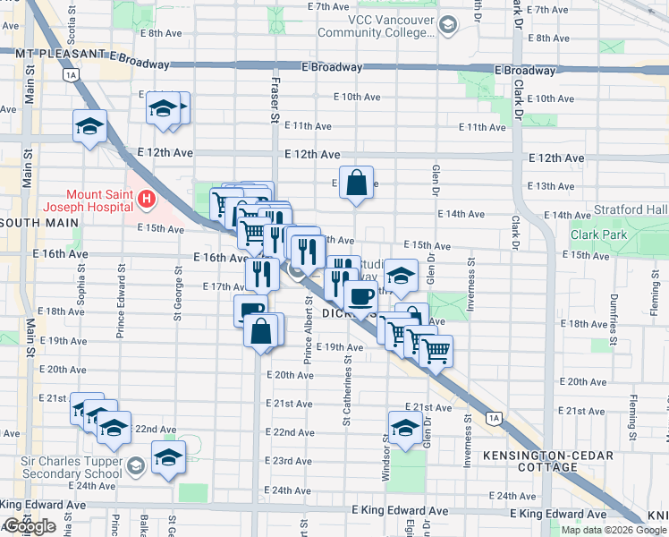 map of restaurants, bars, coffee shops, grocery stores, and more near 864 East 16th Avenue in Vancouver