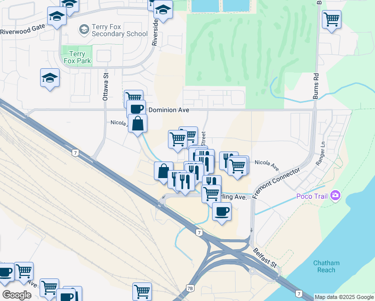 map of restaurants, bars, coffee shops, grocery stores, and more near 1120 Nicola Avenue in Port Coquitlam