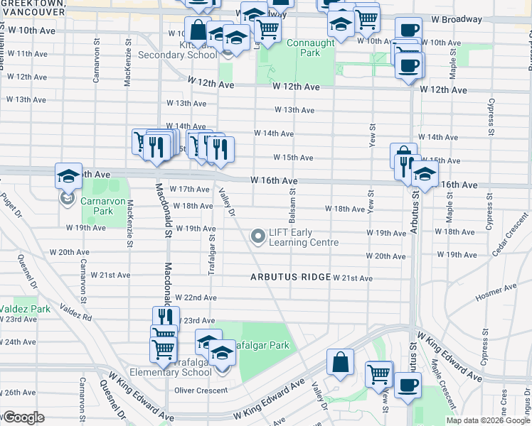 map of restaurants, bars, coffee shops, grocery stores, and more near 2468 West 18th Avenue in Vancouver