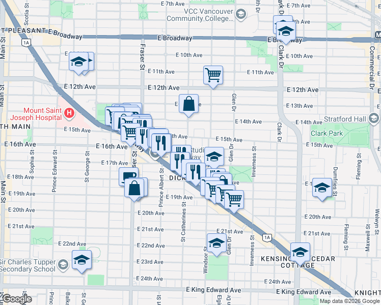 map of restaurants, bars, coffee shops, grocery stores, and more near 920 East 16th Avenue in Vancouver