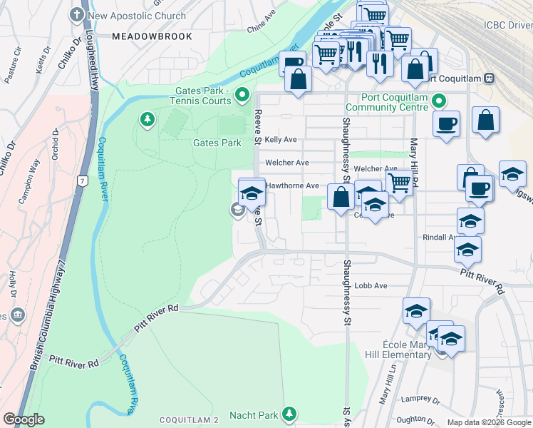 map of restaurants, bars, coffee shops, grocery stores, and more near 2450 Hawthorne Avenue in Port Coquitlam
