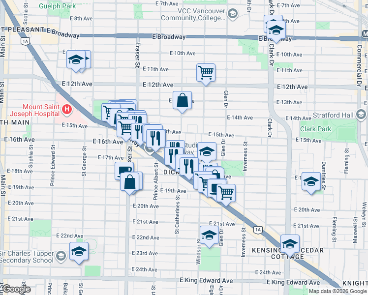 map of restaurants, bars, coffee shops, grocery stores, and more near 922 East 16th Avenue in Vancouver