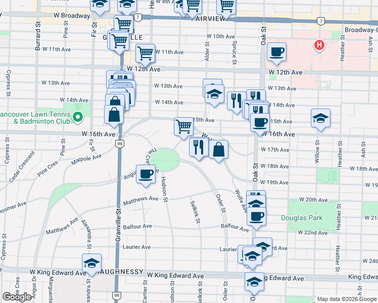 map of restaurants, bars, coffee shops, grocery stores, and more near 3380 The Crescent in Vancouver