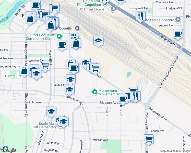 map of restaurants, bars, coffee shops, grocery stores, and more near 1952 Kingsway Avenue in Port Coquitlam