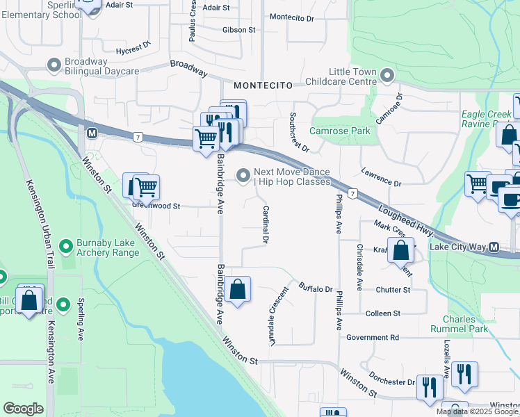 map of restaurants, bars, coffee shops, grocery stores, and more near 3155 Cardinal Drive in Burnaby