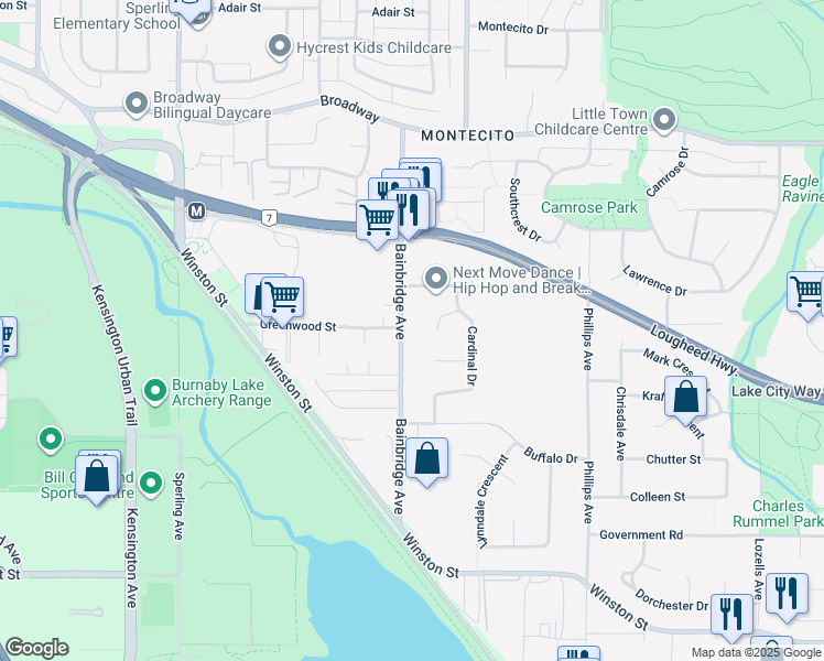 map of restaurants, bars, coffee shops, grocery stores, and more near 3116 Bainbridge Avenue in Burnaby