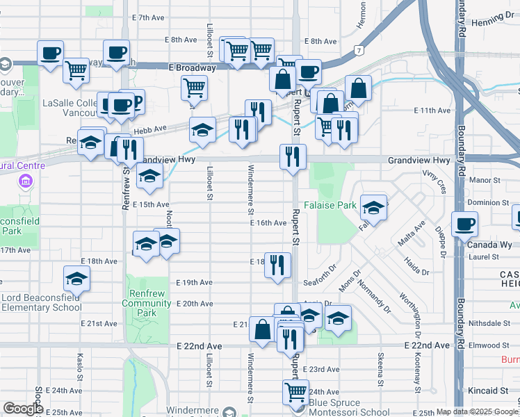 map of restaurants, bars, coffee shops, grocery stores, and more near 3222 East 15th Avenue in Vancouver